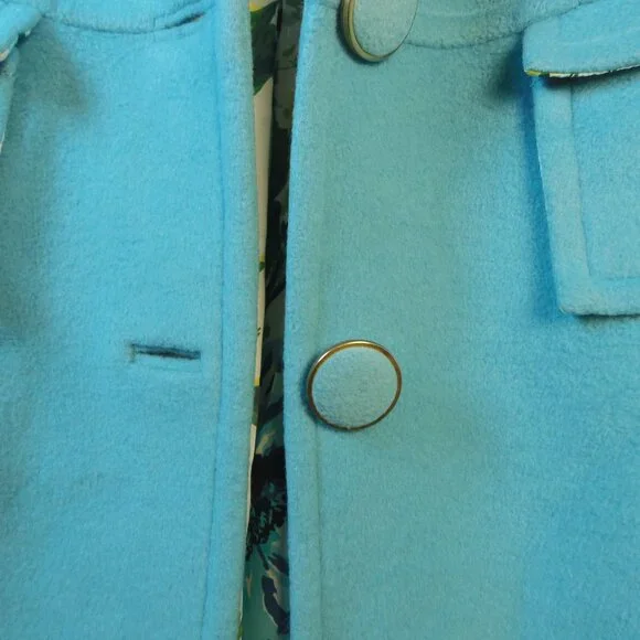 Vintage Banana Republic Full Length Wool Coat Lt Blue w/Floral Lining Epaulets - Picture 4 of 11